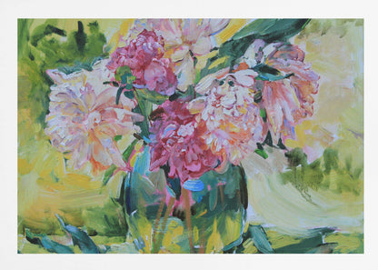 An impressionistic painting of a lush bouquet of pink and white peonies in a glass vase. The background is a vibrant mix of yellow and green, and the entire piece is characterized by thick, textured brushstrokes and set within a silver frame. Artwork