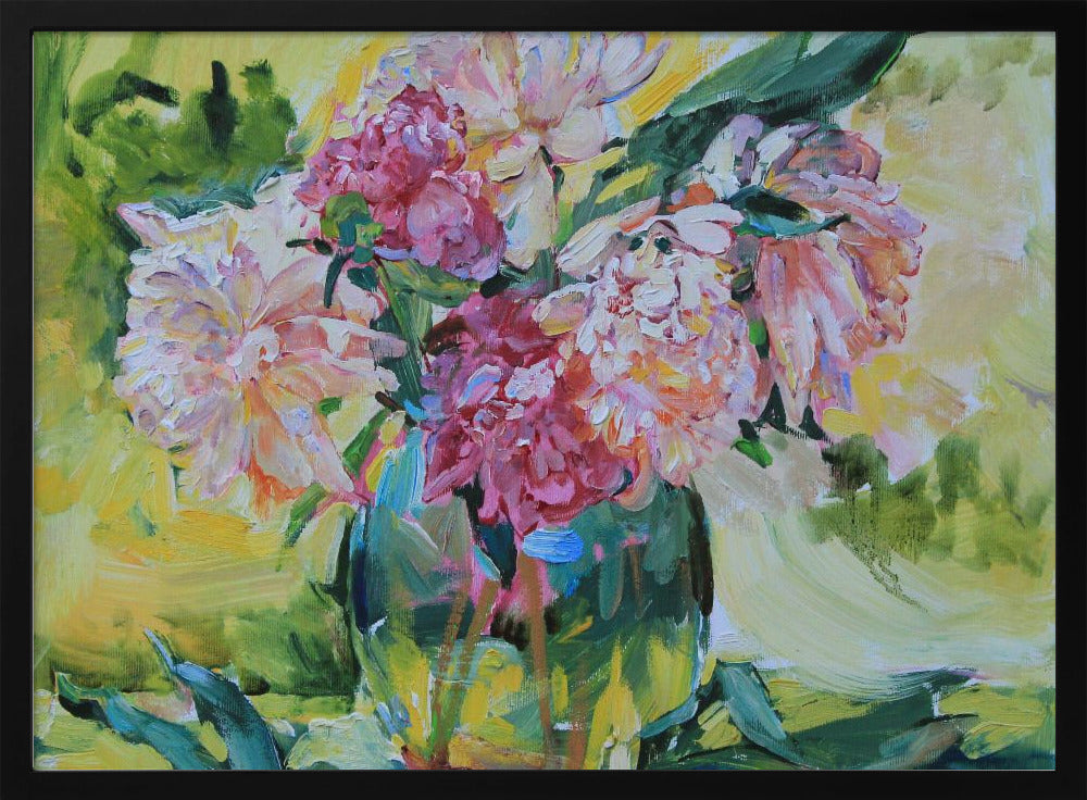 An impressionistic painting of a lush bouquet of pink and white peonies in a glass vase. The background is a vibrant mix of yellow and green, and the entire piece is characterized by thick, textured brushstrokes and set within a silver frame. Artwork