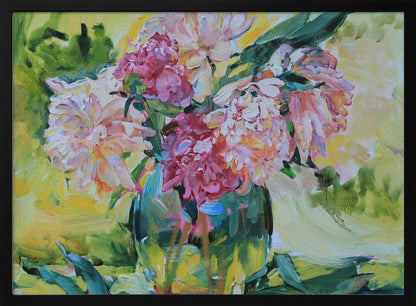 An impressionistic painting of a lush bouquet of pink and white peonies in a glass vase. The background is a vibrant mix of yellow and green, and the entire piece is characterized by thick, textured brushstrokes and set within a silver frame. Artwork