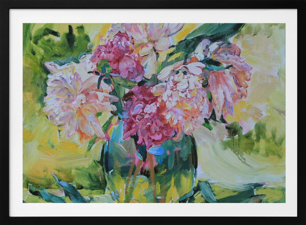 An impressionistic painting of a lush bouquet of pink and white peonies in a glass vase. The background is a vibrant mix of yellow and green, and the entire piece is characterized by thick, textured brushstrokes and set within a silver frame. Artwork