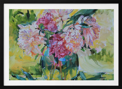 An impressionistic painting of a lush bouquet of pink and white peonies in a glass vase. The background is a vibrant mix of yellow and green, and the entire piece is characterized by thick, textured brushstrokes and set within a silver frame. Artwork