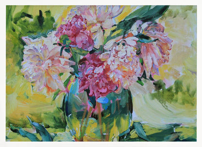 An impressionistic painting of a lush bouquet of pink and white peonies in a glass vase. The background is a vibrant mix of yellow and green, and the entire piece is characterized by thick, textured brushstrokes and set within a silver frame. Artwork