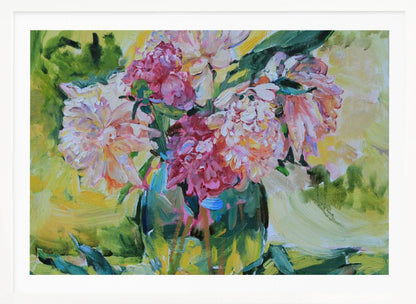 An impressionistic painting of a lush bouquet of pink and white peonies in a glass vase. The background is a vibrant mix of yellow and green, and the entire piece is characterized by thick, textured brushstrokes and set within a silver frame. Artwork