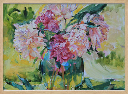 An impressionistic painting of a lush bouquet of pink and white peonies in a glass vase. The background is a vibrant mix of yellow and green, and the entire piece is characterized by thick, textured brushstrokes and set within a silver frame. Artwork