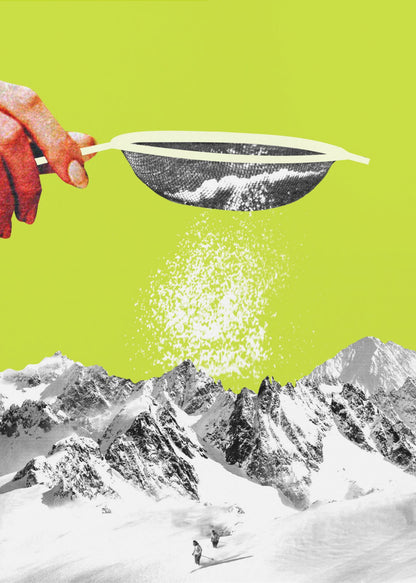 A surrealist pop art collage featuring a hand sifting snow from a sieve onto a black and white photograph of a snowy mountain range with skiers, all set against a vibrant lime green background. Artwork