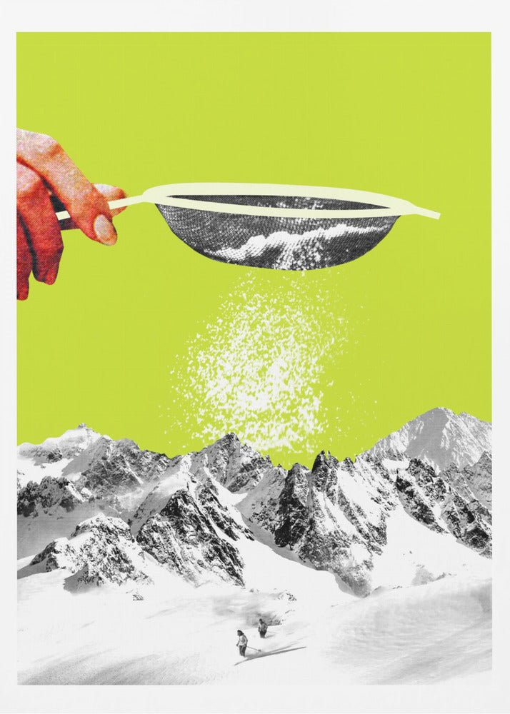 A surrealist pop art collage featuring a hand sifting snow from a sieve onto a black and white photograph of a snowy mountain range with skiers, all set against a vibrant lime green background. Artwork