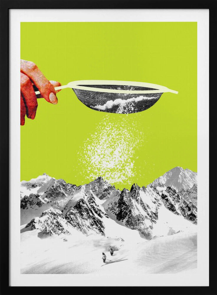 A surrealist pop art collage featuring a hand sifting snow from a sieve onto a black and white photograph of a snowy mountain range with skiers, all set against a vibrant lime green background. Artwork