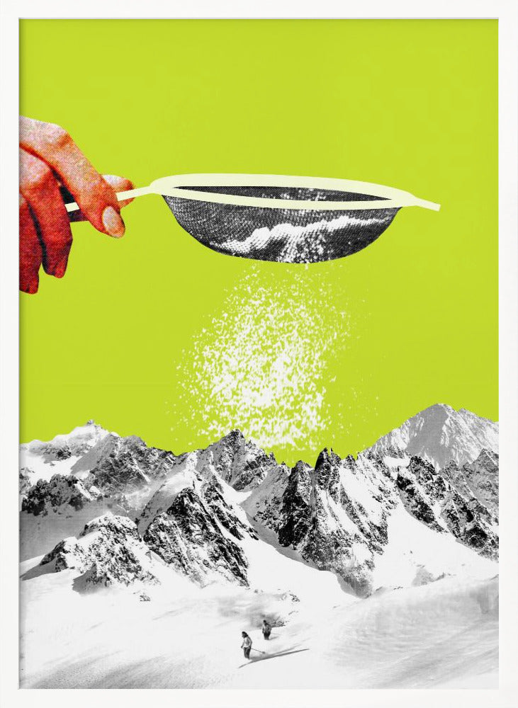 A surrealist pop art collage featuring a hand sifting snow from a sieve onto a black and white photograph of a snowy mountain range with skiers, all set against a vibrant lime green background. Artwork