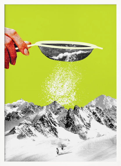 A surrealist pop art collage featuring a hand sifting snow from a sieve onto a black and white photograph of a snowy mountain range with skiers, all set against a vibrant lime green background. Artwork