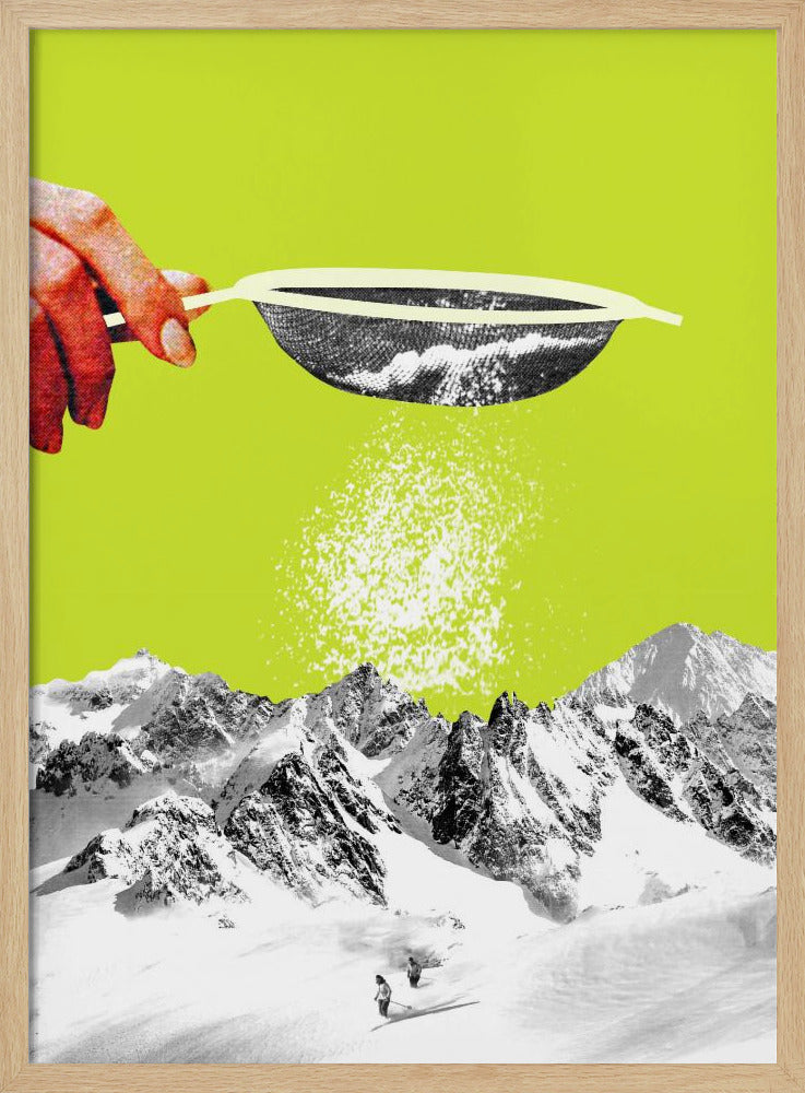 A surrealist pop art collage featuring a hand sifting snow from a sieve onto a black and white photograph of a snowy mountain range with skiers, all set against a vibrant lime green background. Artwork