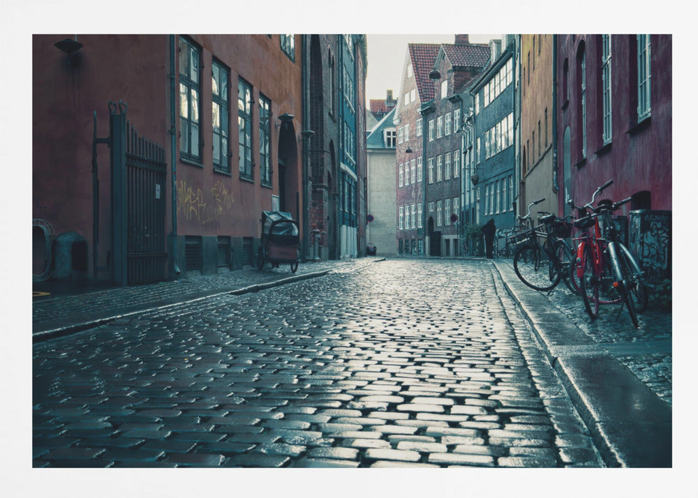 A low-angle shot of a wet, reflective cobblestone street in a narrow European alley. The street is lined with historic, colorful buildings in shades of red, orange, and blue under an overcast sky. Bicycles are parked along the sidewalk on the right, adding to the quiet, moody city scene. Poster