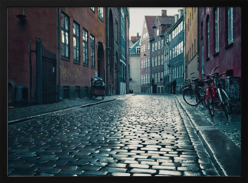 A low-angle shot of a wet, reflective cobblestone street in a narrow European alley. The street is lined with historic, colorful buildings in shades of red, orange, and blue under an overcast sky. Bicycles are parked along the sidewalk on the right, adding to the quiet, moody city scene. Poster