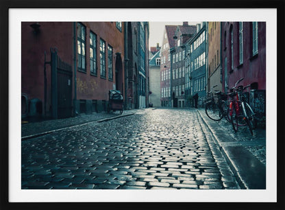 A low-angle shot of a wet, reflective cobblestone street in a narrow European alley. The street is lined with historic, colorful buildings in shades of red, orange, and blue under an overcast sky. Bicycles are parked along the sidewalk on the right, adding to the quiet, moody city scene. Poster