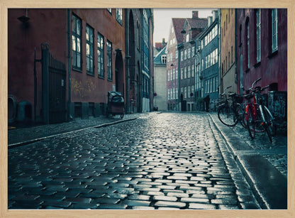 A low-angle shot of a wet, reflective cobblestone street in a narrow European alley. The street is lined with historic, colorful buildings in shades of red, orange, and blue under an overcast sky. Bicycles are parked along the sidewalk on the right, adding to the quiet, moody city scene. Poster