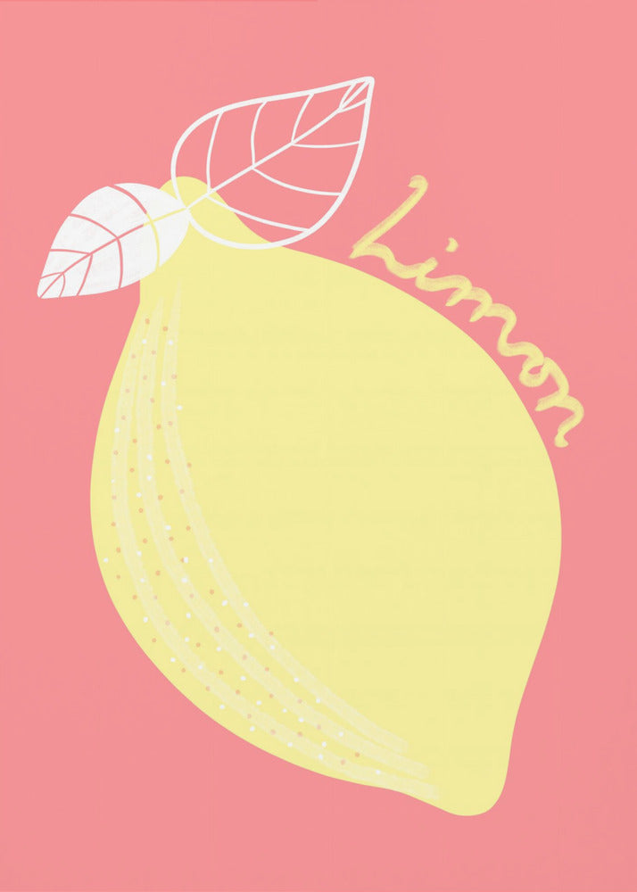 A stylized illustration of a large yellow lemon on a solid pink background. The lemon has two white-outlined leaves, and the word 'Limon' is written in cursive script across the fruit. The artwork is enclosed in a thin black frame. Print