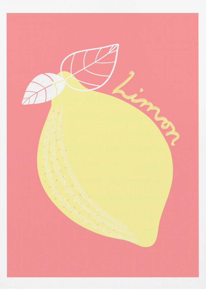 A stylized illustration of a large yellow lemon on a solid pink background. The lemon has two white-outlined leaves, and the word 'Limon' is written in cursive script across the fruit. The artwork is enclosed in a thin black frame. Print
