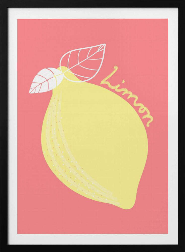 A stylized illustration of a large yellow lemon on a solid pink background. The lemon has two white-outlined leaves, and the word 'Limon' is written in cursive script across the fruit. The artwork is enclosed in a thin black frame. Print