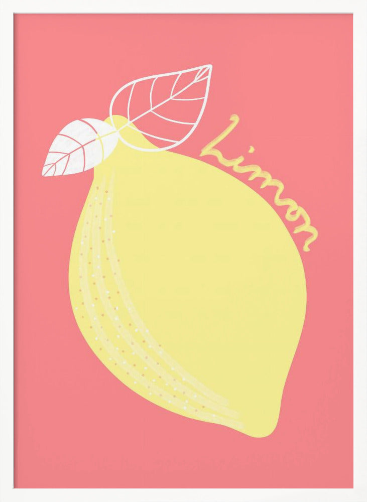 A stylized illustration of a large yellow lemon on a solid pink background. The lemon has two white-outlined leaves, and the word 'Limon' is written in cursive script across the fruit. The artwork is enclosed in a thin black frame. Print