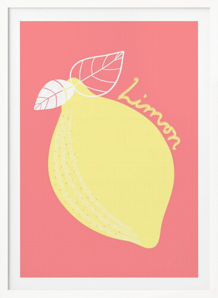 A stylized illustration of a large yellow lemon on a solid pink background. The lemon has two white-outlined leaves, and the word 'Limon' is written in cursive script across the fruit. The artwork is enclosed in a thin black frame. Print