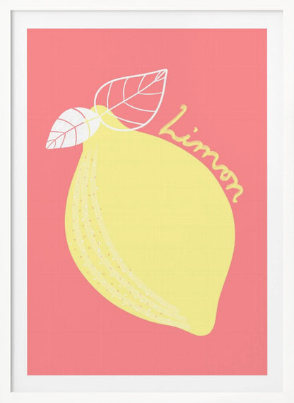 A stylized illustration of a large yellow lemon on a solid pink background. The lemon has two white-outlined leaves, and the word 'Limon' is written in cursive script across the fruit. The artwork is enclosed in a thin black frame. Print