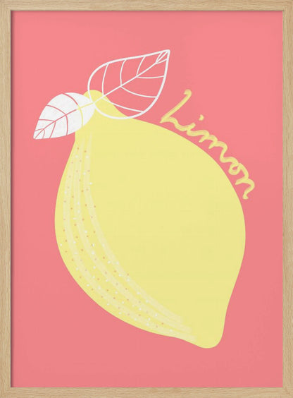 A stylized illustration of a large yellow lemon on a solid pink background. The lemon has two white-outlined leaves, and the word 'Limon' is written in cursive script across the fruit. The artwork is enclosed in a thin black frame. Print