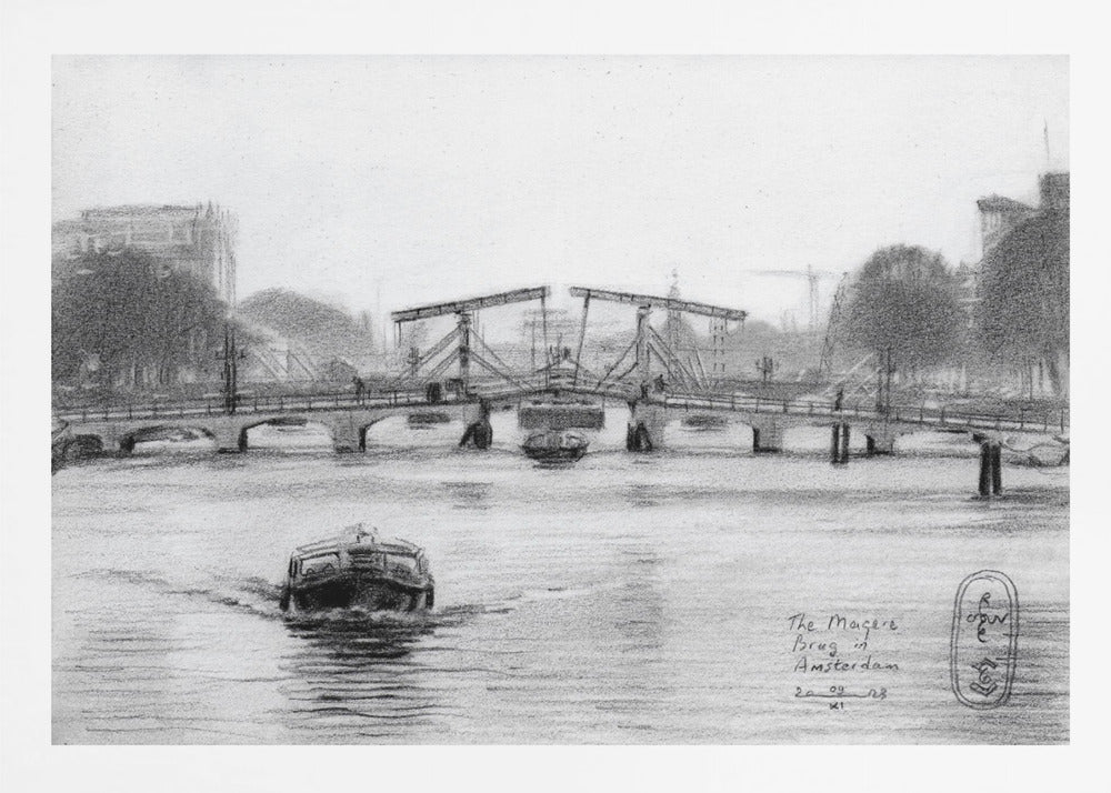 A framed black and white pencil drawing of the Magere Brug, a famous bridge in Amsterdam. The drawbridge is depicted over a canal with a boat in the foreground, creating a classic European city scene. Wall Art