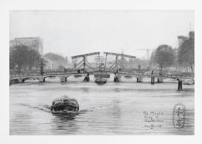 A framed black and white pencil drawing of the Magere Brug, a famous bridge in Amsterdam. The drawbridge is depicted over a canal with a boat in the foreground, creating a classic European city scene. Wall Art