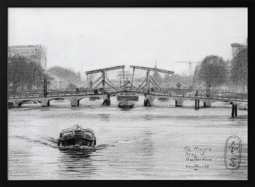 A framed black and white pencil drawing of the Magere Brug, a famous bridge in Amsterdam. The drawbridge is depicted over a canal with a boat in the foreground, creating a classic European city scene. Wall Art