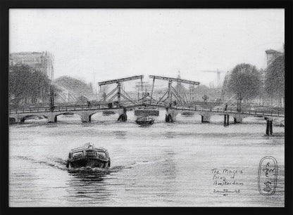 A framed black and white pencil drawing of the Magere Brug, a famous bridge in Amsterdam. The drawbridge is depicted over a canal with a boat in the foreground, creating a classic European city scene. Wall Art