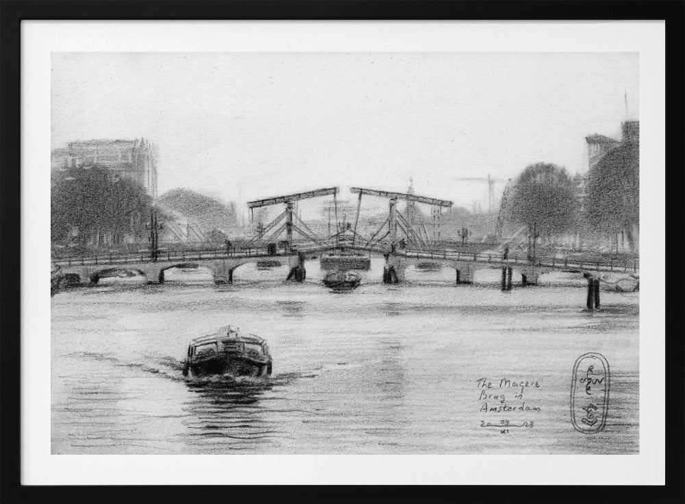 A framed black and white pencil drawing of the Magere Brug, a famous bridge in Amsterdam. The drawbridge is depicted over a canal with a boat in the foreground, creating a classic European city scene. Wall Art