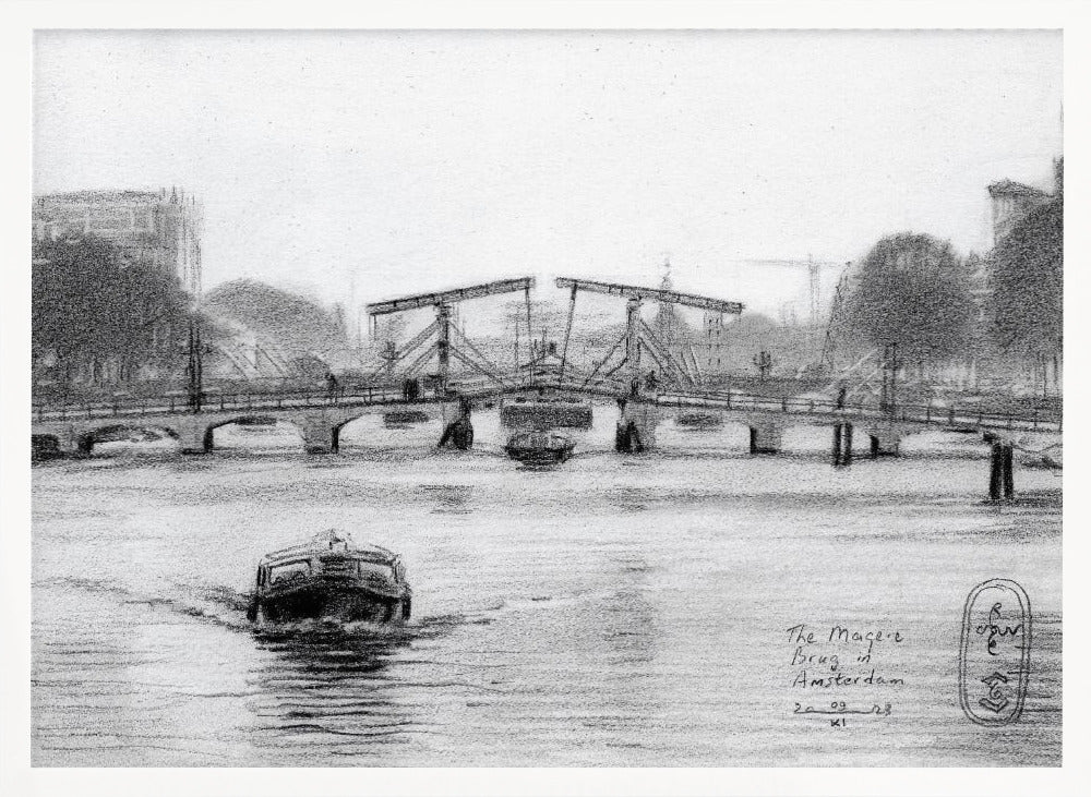 A framed black and white pencil drawing of the Magere Brug, a famous bridge in Amsterdam. The drawbridge is depicted over a canal with a boat in the foreground, creating a classic European city scene. Wall Art