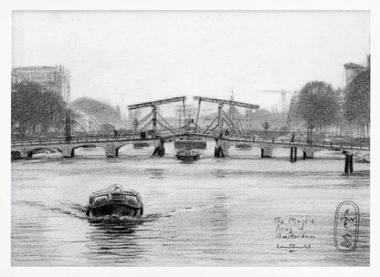 A framed black and white pencil drawing of the Magere Brug, a famous bridge in Amsterdam. The drawbridge is depicted over a canal with a boat in the foreground, creating a classic European city scene. Wall Art