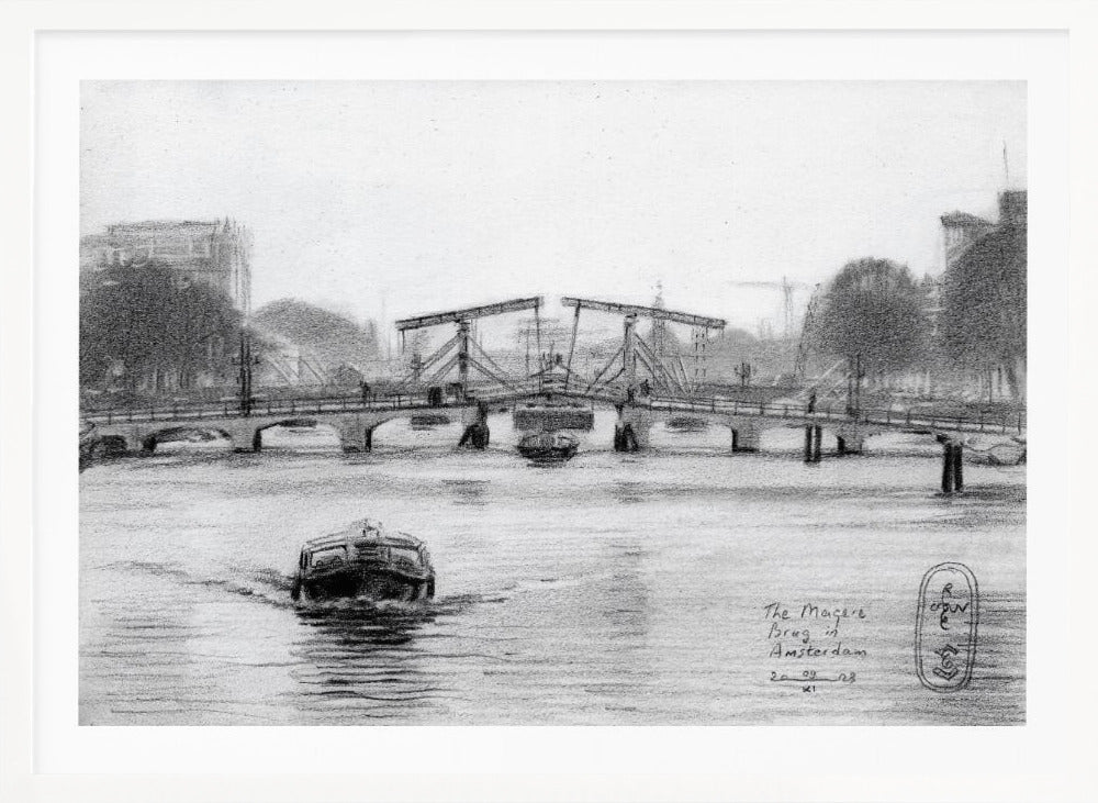 A framed black and white pencil drawing of the Magere Brug, a famous bridge in Amsterdam. The drawbridge is depicted over a canal with a boat in the foreground, creating a classic European city scene. Wall Art