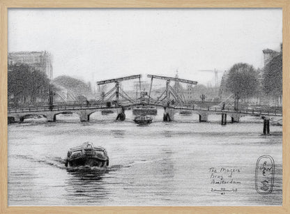 A framed black and white pencil drawing of the Magere Brug, a famous bridge in Amsterdam. The drawbridge is depicted over a canal with a boat in the foreground, creating a classic European city scene. Wall Art