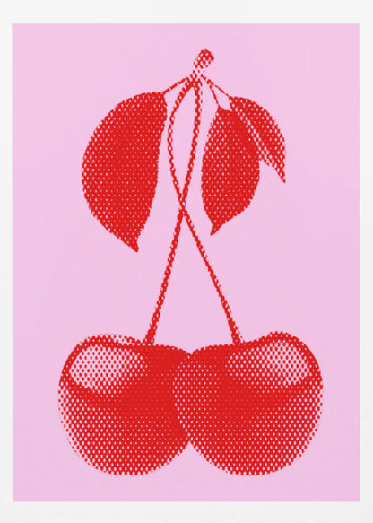 A pop art style print of two bright red cherries with stems and leaves, rendered in a halftone dot pattern against a solid light pink background, enclosed in a simple black frame. Wall Art