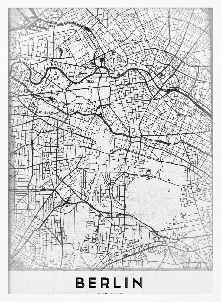 A minimalist black and white poster of a street map of Berlin, Germany. The map's intricate network of roads and waterways is depicted with black lines on a white, slightly textured background. The artwork is enclosed in a simple black frame, with the word 'BERLIN' printed in bold, black capital letters at the bottom center. Wall Art