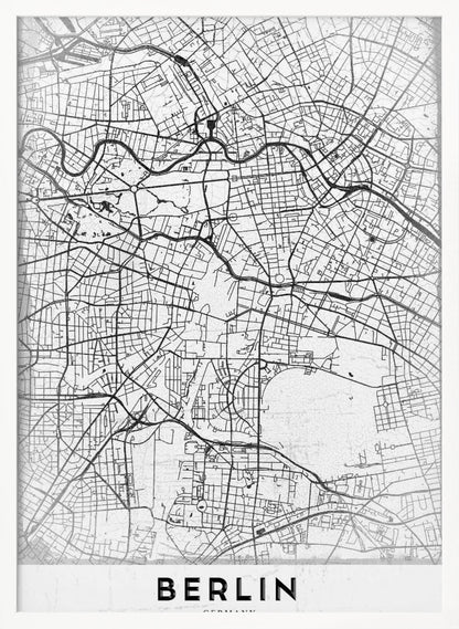 A minimalist black and white poster of a street map of Berlin, Germany. The map's intricate network of roads and waterways is depicted with black lines on a white, slightly textured background. The artwork is enclosed in a simple black frame, with the word 'BERLIN' printed in bold, black capital letters at the bottom center. Wall Art