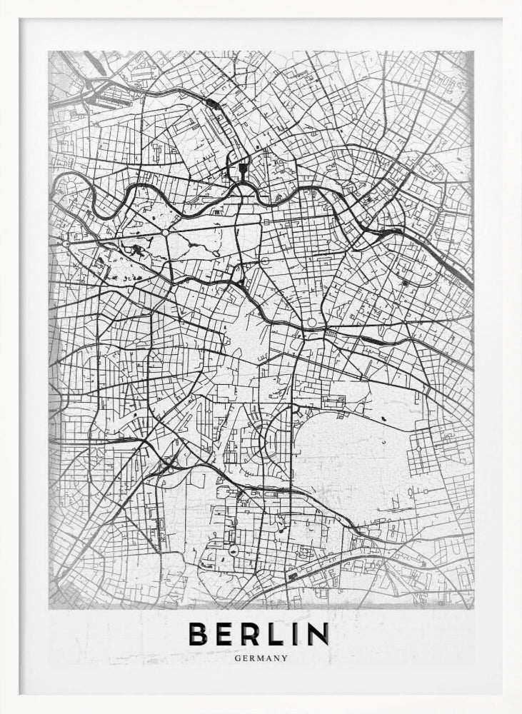A minimalist black and white poster of a street map of Berlin, Germany. The map's intricate network of roads and waterways is depicted with black lines on a white, slightly textured background. The artwork is enclosed in a simple black frame, with the word 'BERLIN' printed in bold, black capital letters at the bottom center. Wall Art
