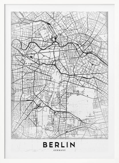 A minimalist black and white poster of a street map of Berlin, Germany. The map's intricate network of roads and waterways is depicted with black lines on a white, slightly textured background. The artwork is enclosed in a simple black frame, with the word 'BERLIN' printed in bold, black capital letters at the bottom center. Wall Art