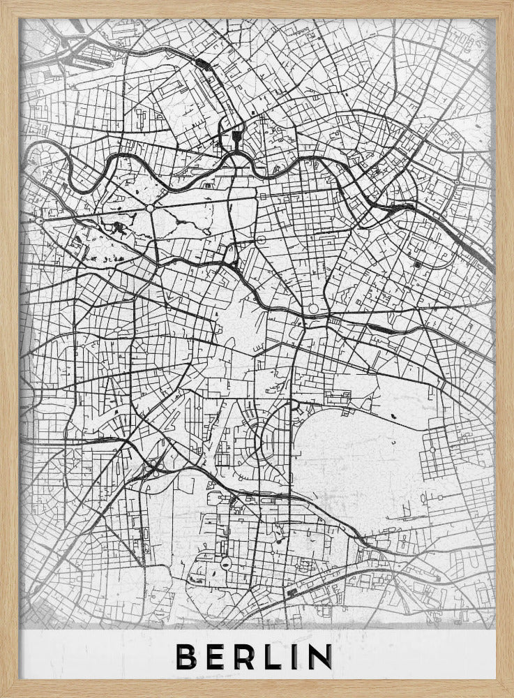 A minimalist black and white poster of a street map of Berlin, Germany. The map's intricate network of roads and waterways is depicted with black lines on a white, slightly textured background. The artwork is enclosed in a simple black frame, with the word 'BERLIN' printed in bold, black capital letters at the bottom center. Wall Art