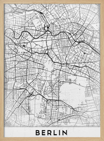 A minimalist black and white poster of a street map of Berlin, Germany. The map's intricate network of roads and waterways is depicted with black lines on a white, slightly textured background. The artwork is enclosed in a simple black frame, with the word 'BERLIN' printed in bold, black capital letters at the bottom center. Wall Art