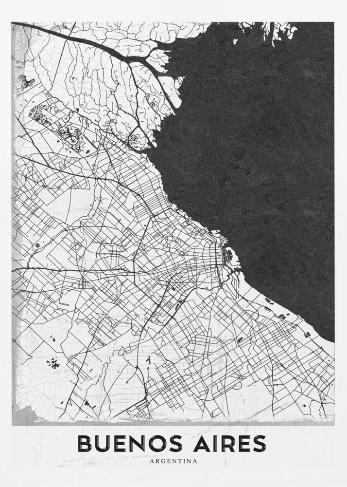 A minimalist black and white map of Buenos Aires, presented as a poster in a black frame. The city's roads and geography are detailed in black lines on a white background, while the adjacent body of water is solid black. The text 'BUENOS AIRES' is displayed at the bottom. Wall Art