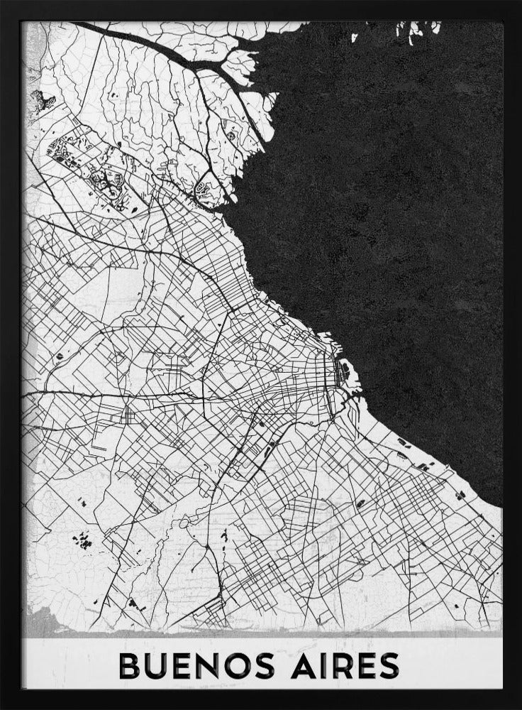 A minimalist black and white map of Buenos Aires, presented as a poster in a black frame. The city's roads and geography are detailed in black lines on a white background, while the adjacent body of water is solid black. The text 'BUENOS AIRES' is displayed at the bottom. Wall Art
