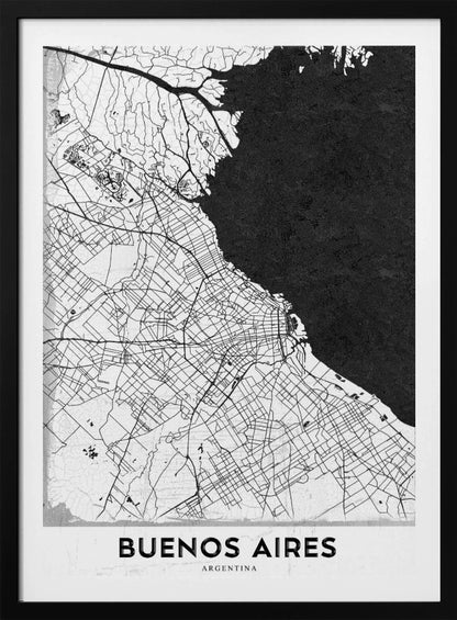 A minimalist black and white map of Buenos Aires, presented as a poster in a black frame. The city's roads and geography are detailed in black lines on a white background, while the adjacent body of water is solid black. The text 'BUENOS AIRES' is displayed at the bottom. Wall Art