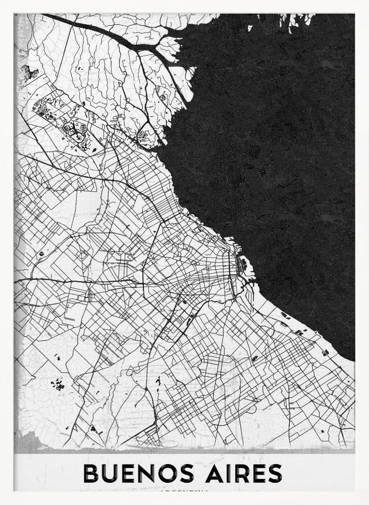 A minimalist black and white map of Buenos Aires, presented as a poster in a black frame. The city's roads and geography are detailed in black lines on a white background, while the adjacent body of water is solid black. The text 'BUENOS AIRES' is displayed at the bottom. Wall Art