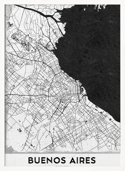 A minimalist black and white map of Buenos Aires, presented as a poster in a black frame. The city's roads and geography are detailed in black lines on a white background, while the adjacent body of water is solid black. The text 'BUENOS AIRES' is displayed at the bottom. Wall Art