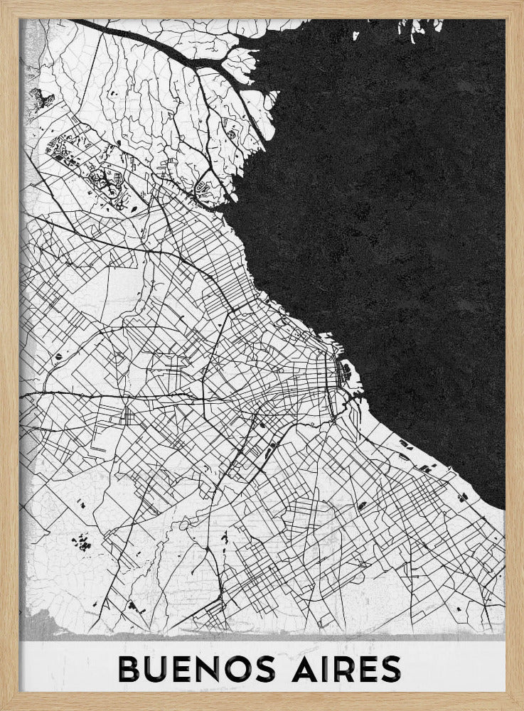 A minimalist black and white map of Buenos Aires, presented as a poster in a black frame. The city's roads and geography are detailed in black lines on a white background, while the adjacent body of water is solid black. The text 'BUENOS AIRES' is displayed at the bottom. Wall Art