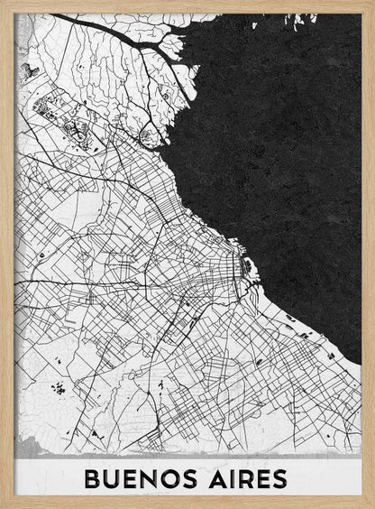 A minimalist black and white map of Buenos Aires, presented as a poster in a black frame. The city's roads and geography are detailed in black lines on a white background, while the adjacent body of water is solid black. The text 'BUENOS AIRES' is displayed at the bottom. Wall Art