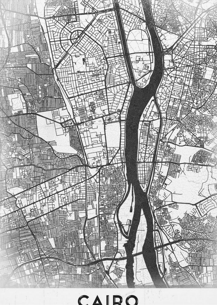 A minimalist black and white framed poster of a street map of Cairo. The Nile River flows vertically through the center of the detailed city grid. The word 'CAIRO' is printed in a bold, black, sans-serif font at the bottom. Decor