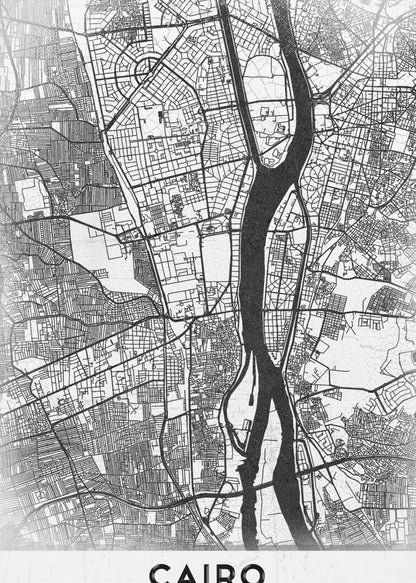 A minimalist black and white framed poster of a street map of Cairo. The Nile River flows vertically through the center of the detailed city grid. The word 'CAIRO' is printed in a bold, black, sans-serif font at the bottom. Decor